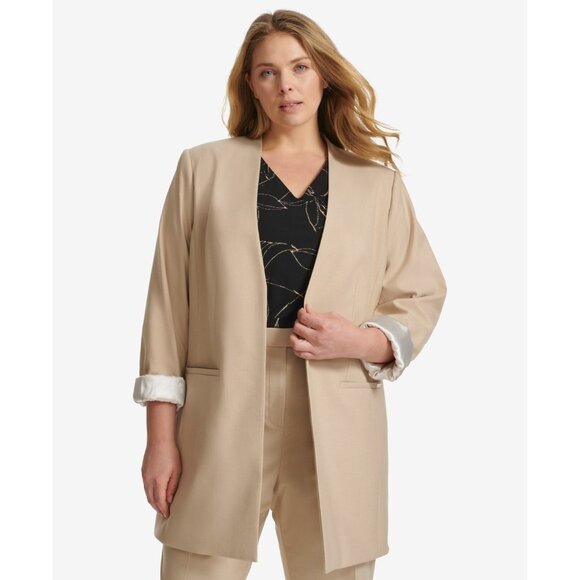 Calvin Klein Plus Size 16W 3/4-Sleeve Open-Front Blazer Beige MSRP $169 - Picture 1 of 4
